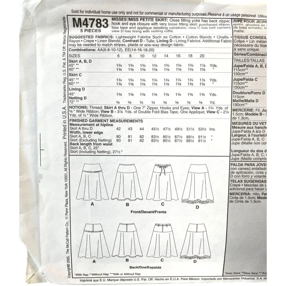 McCalls Sewing Pattern 4783 Skirt‎ Misses Petite Size 6-12